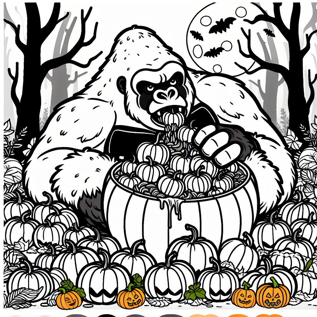 Gorilla Halloween coloring page with pumpkin feast and haunted forest