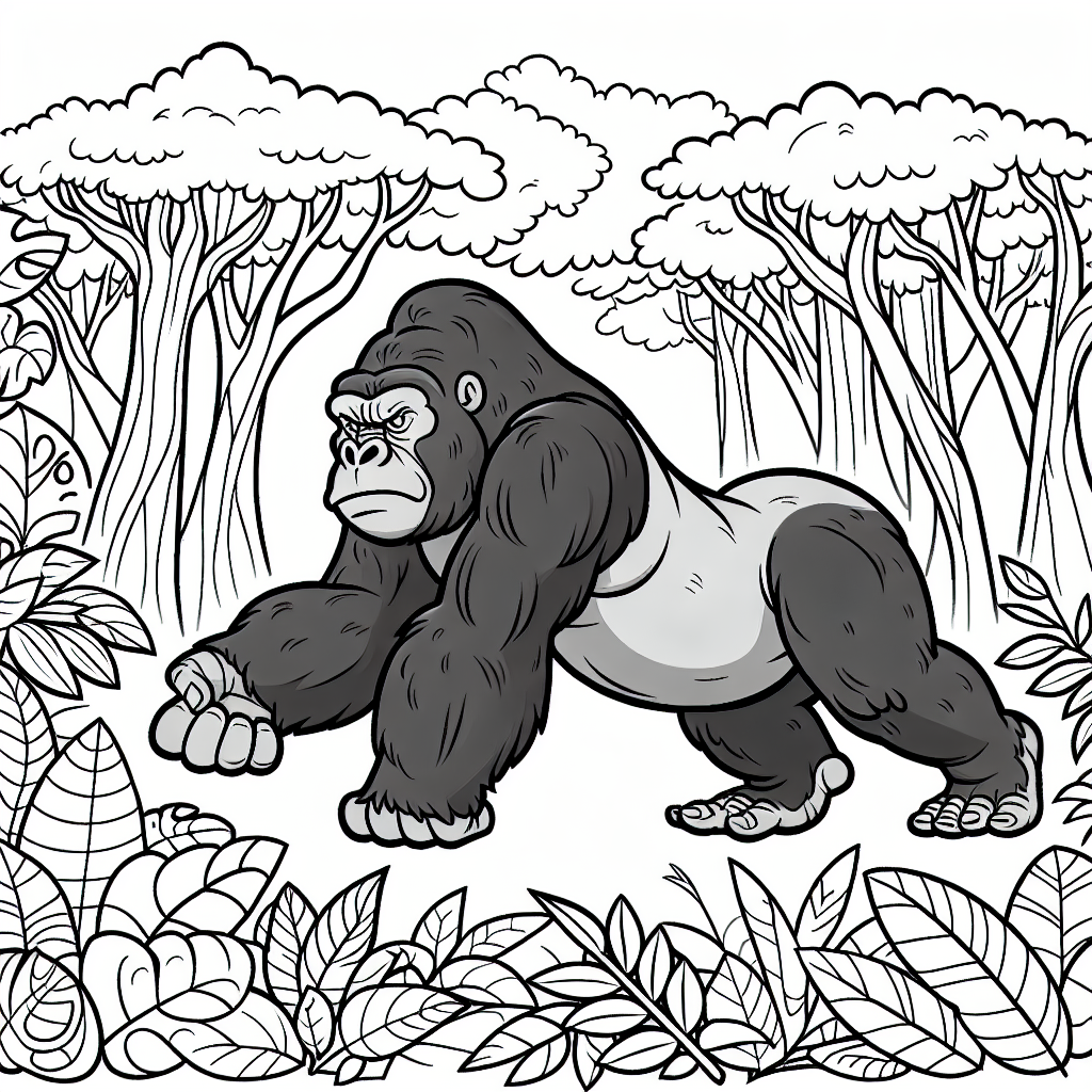 Printable coloring page featuring a gorilla in the jungle