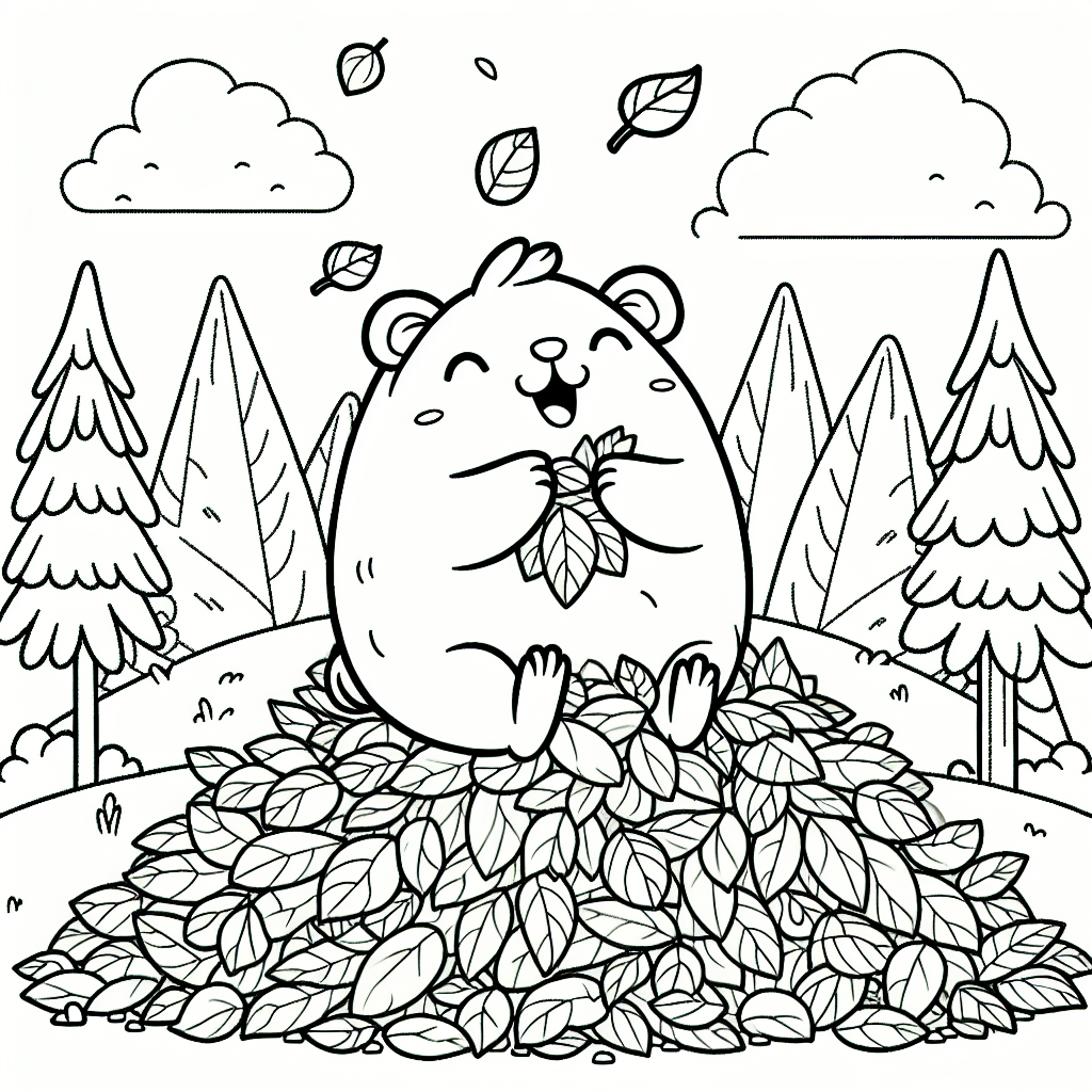 Coloring page of a cute guinea pig feasting on leaves in a forest