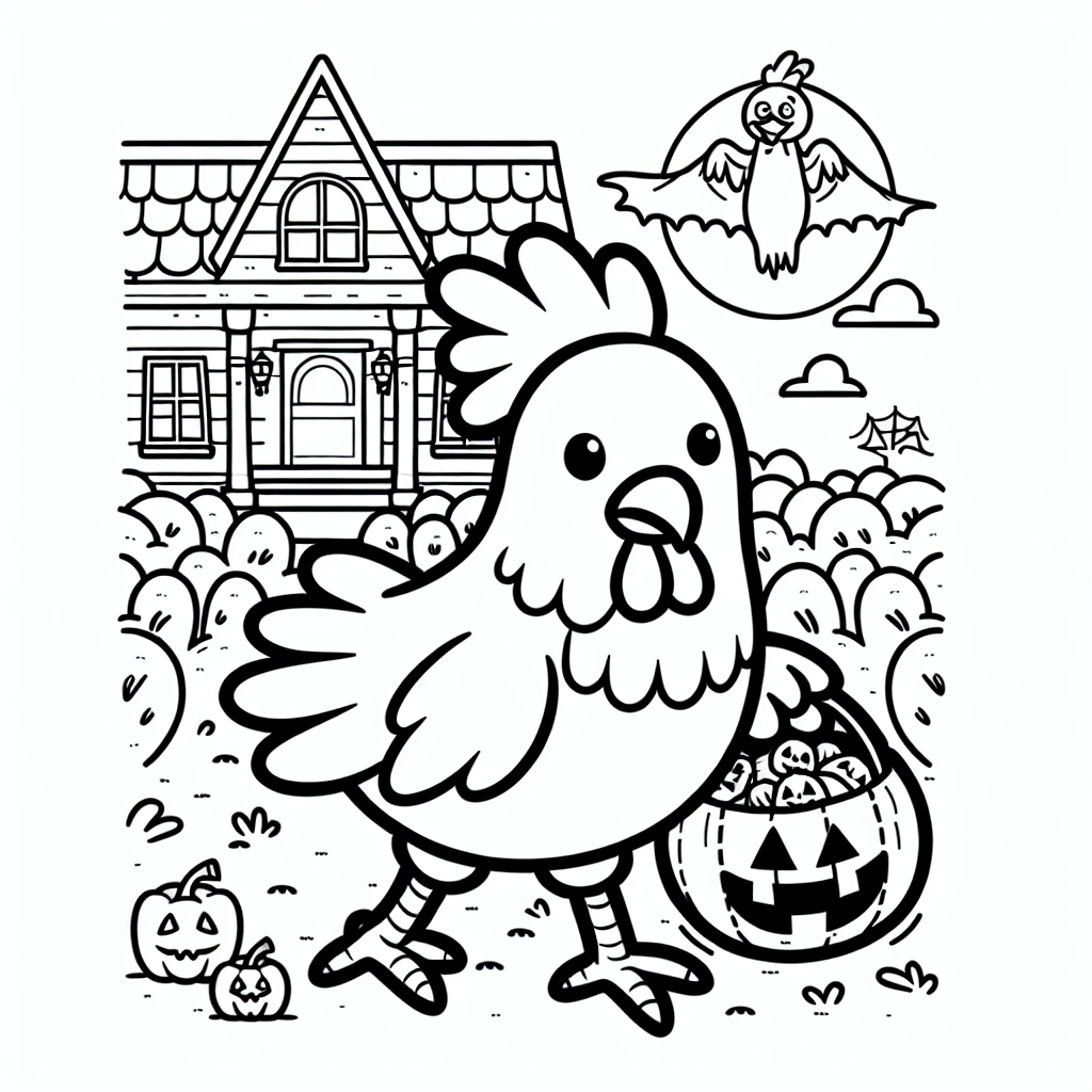 Chicken character in a Halloween costume with a haunted house in the background coloring page template