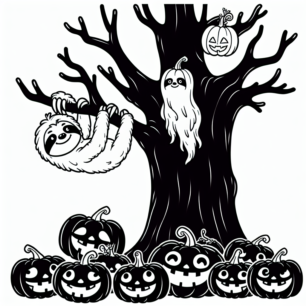 Snake 5 Black and white image of a sloth hanging from a spooky tree with jack-o-lanterns for a kid's coloring page