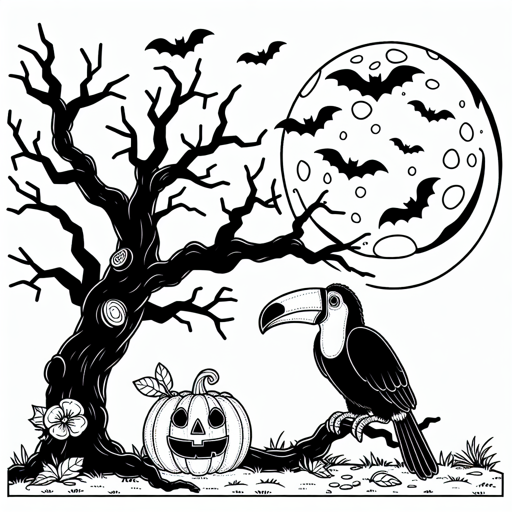 Scary Halloween night scene with Toucan resting on dead tree, pumpkin, and bats under the moonlight - a coloring page