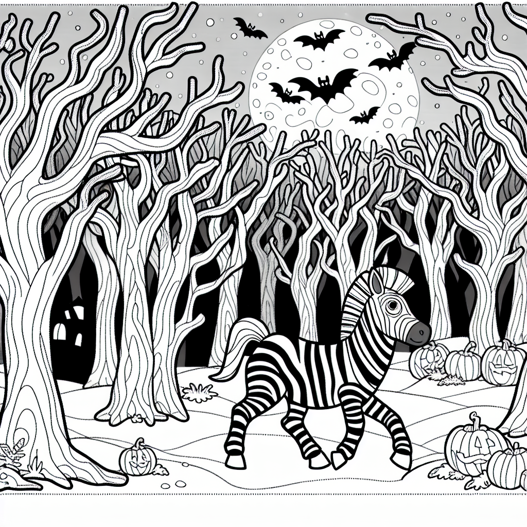 Zebra Halloween coloring page template in a spooky haunted forest setting