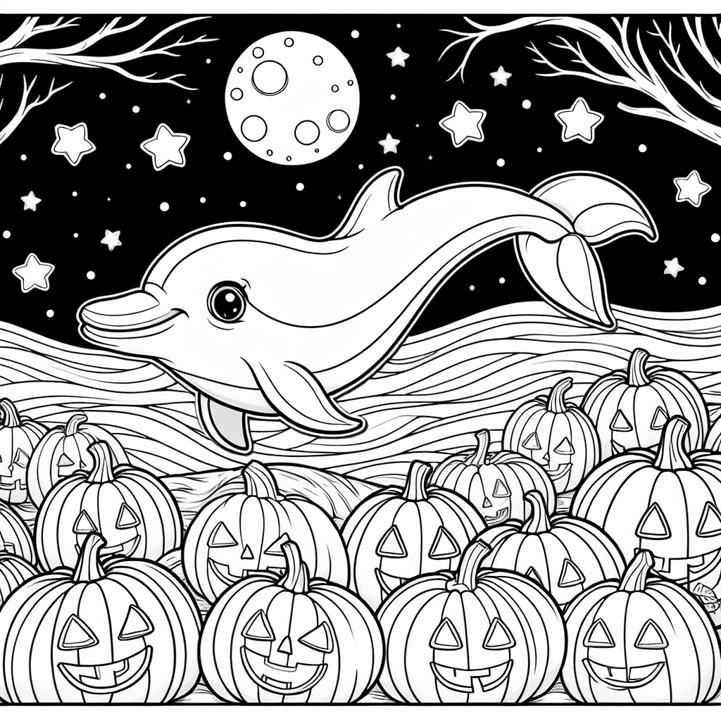 Dolphin Halloween coloring page featuring dolphin swimming amidst Jack O' Lanterns under a moonlit sky