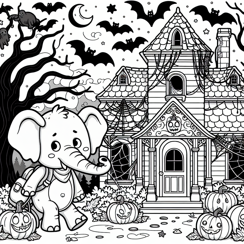 Halloween themed elephant coloring page with a spooky haunted house