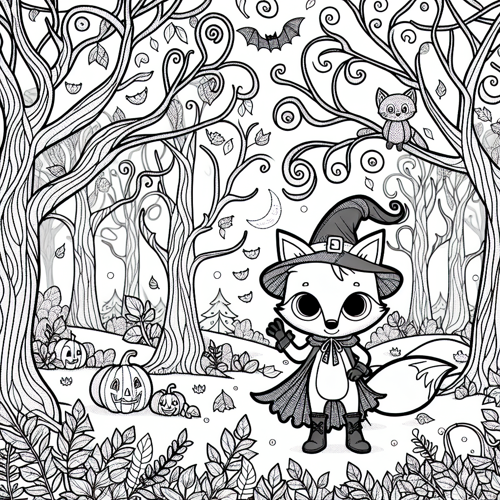 Printable black and white image of a clever fox in a spooky forest prepared for Halloween