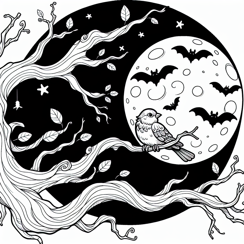 Blank coloring template of a Sparrow in a Halloween-themed environment