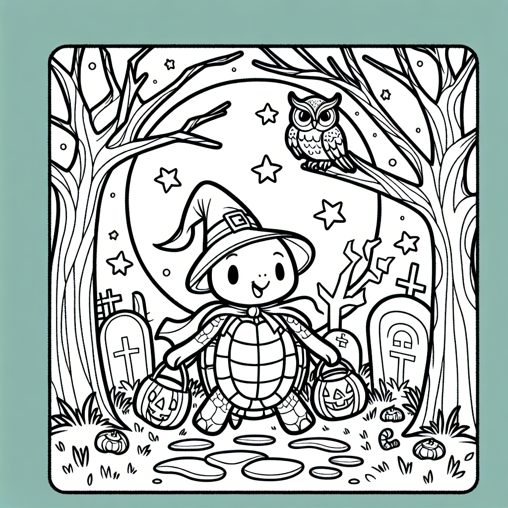 Halloween themed turtle coloring page in a spooky graveyard
