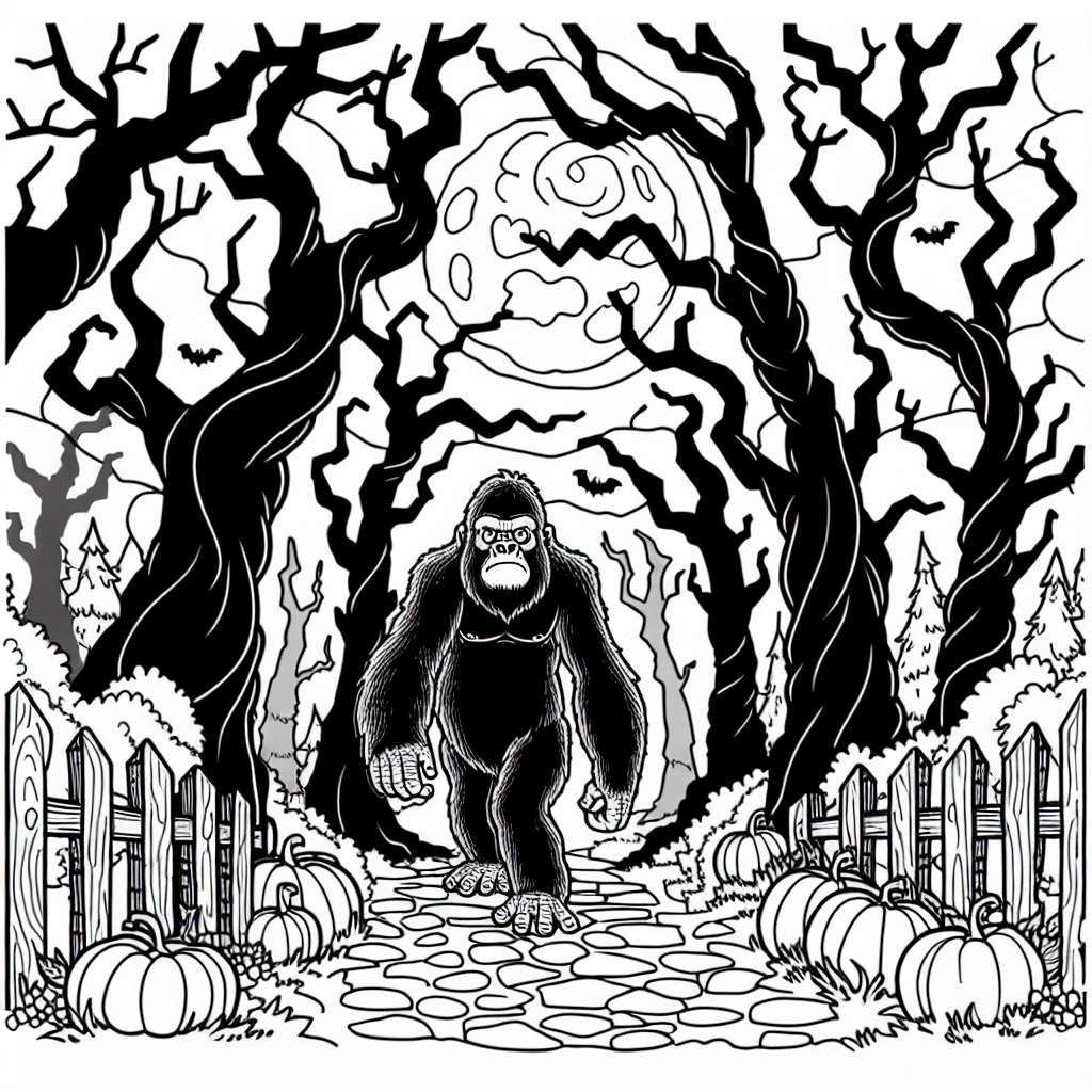 Gorilla in a haunted forest coloring page