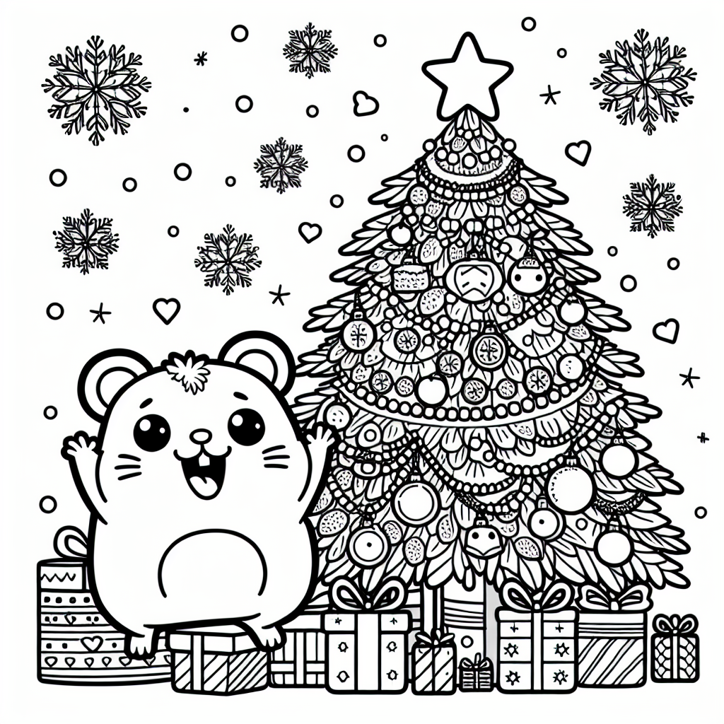 Black and white coloring page of a festive hamster in a Christmas tree surrounded by presents