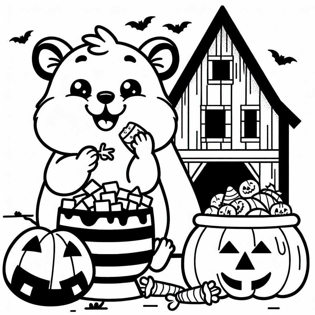 Outlined image of a hamster feasting on Halloween treats while sitting on a haystack in a spooky barn