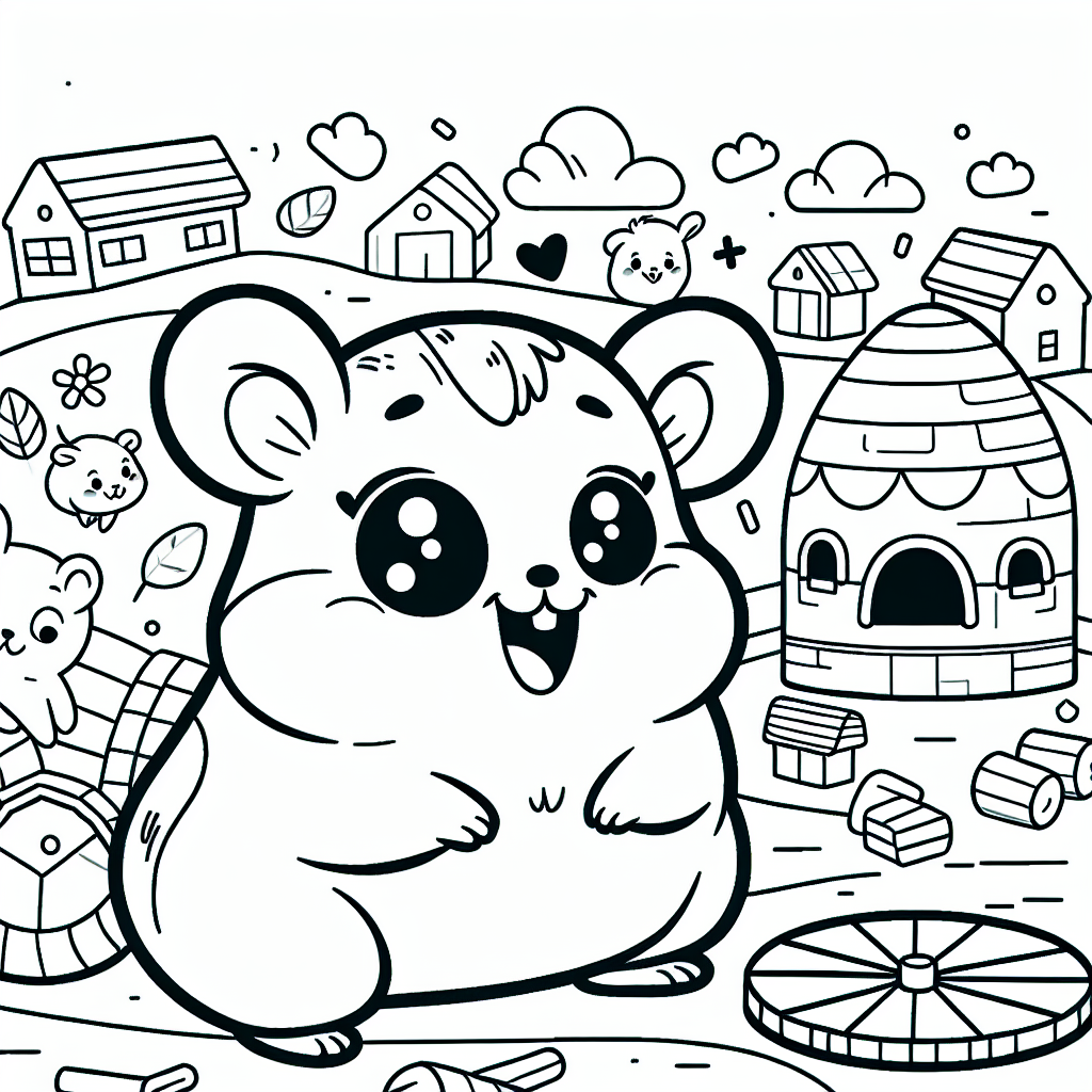 Black and white coloring page of a cute hamster in a lively Hamsterville background