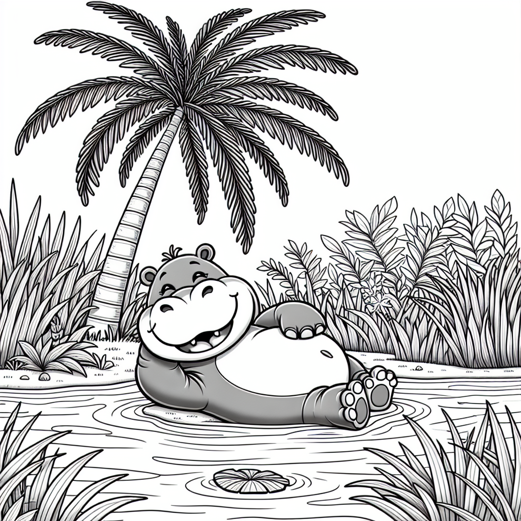 Black and white coloring page featuring a happy hippo by the river