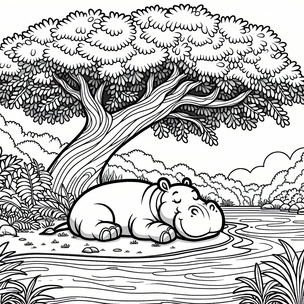 Splashy Hippo Adventure: Free Coloring Page for Kids! 1 Hippo river tree coloring page