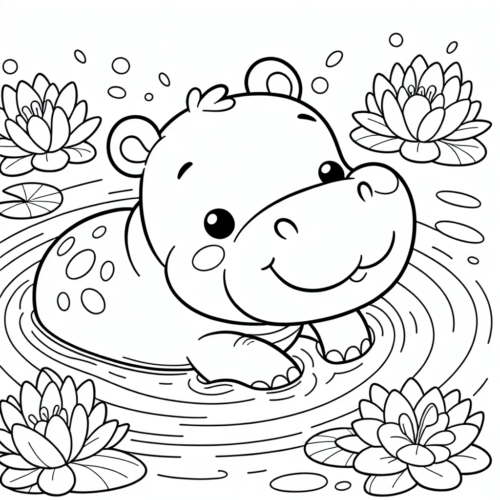 black and white coloring page of a hippo swimming in a lily pond