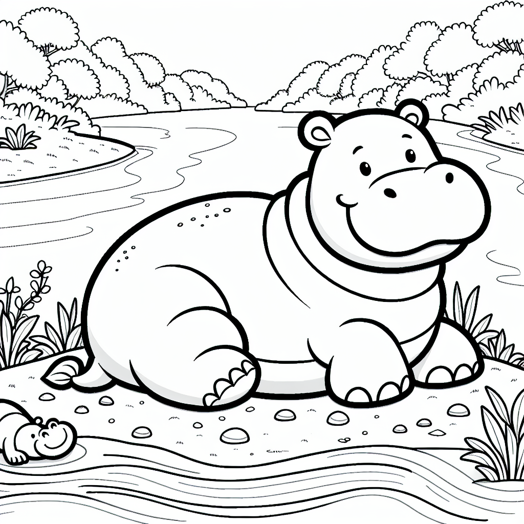 Hippo Adventure: River Bank Coloring Activity for Kids 1 Hippo river bank scene template