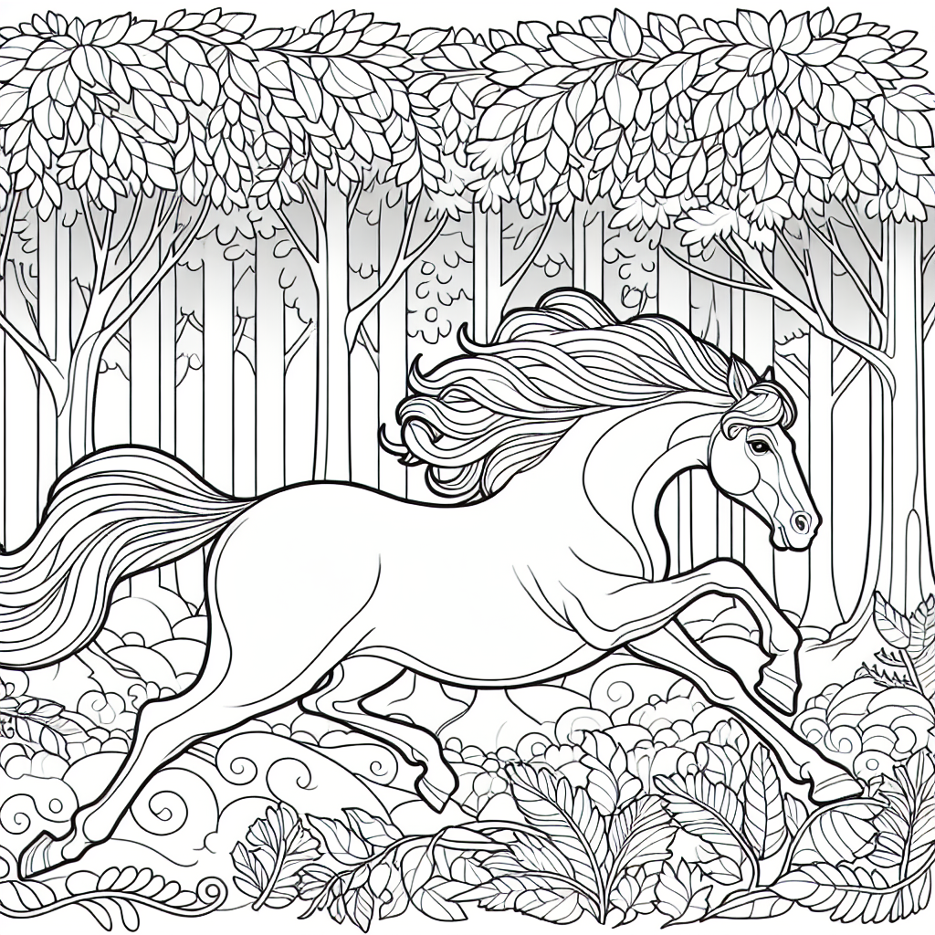 Black and white coloring page of a Horse galloping through a magical forest