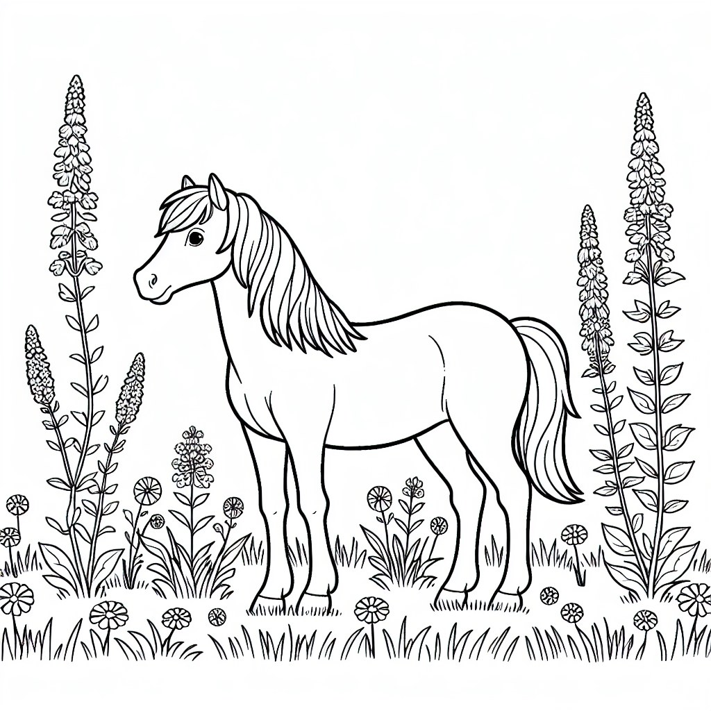 Horse Wildflower Meadow Adventure: A Coloring Page for Children 1 HorseWildflowerMeadowColoringPage