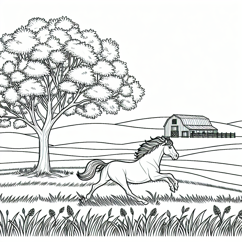 Black and white line drawing of a horse galloping in a field, with a tree and barn