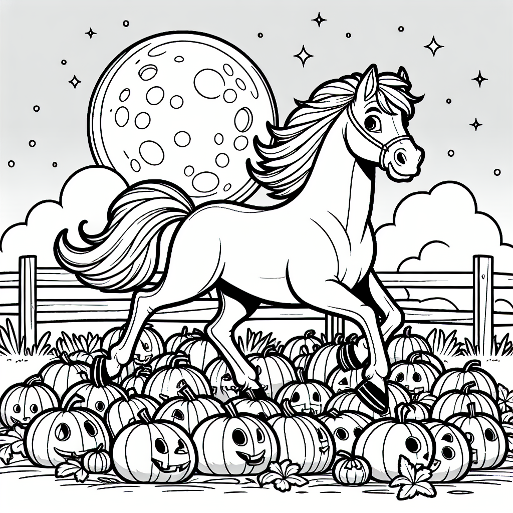 Horse trotting through a spooky pumpkin patch under a full moon in a black and white coloring page