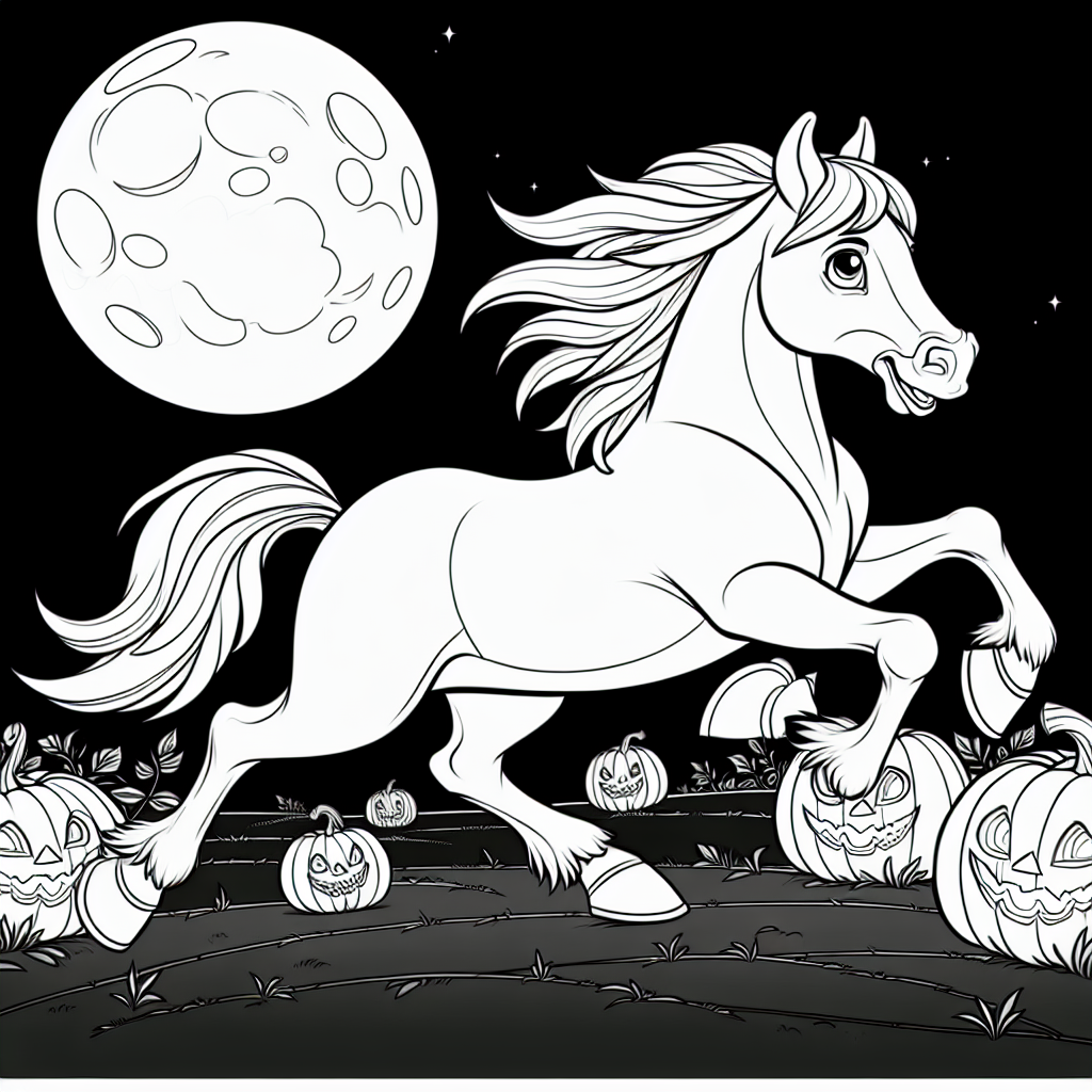 Horse trotting through a pumpkin field, surrounded by Halloween atmosphere under the full moon.