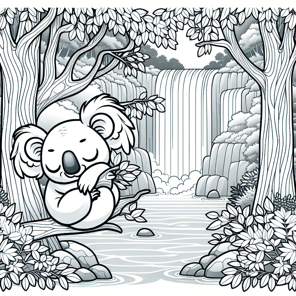 Enchanting Koala Adventure: A Delightful Coloring Journey 1 Koala Eucalyptus Trees Waterfall Coloring Page