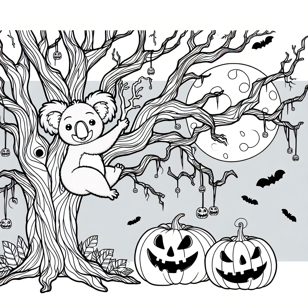 Black and white Halloween themed coloring page with a Koala and jack-o-lanterns