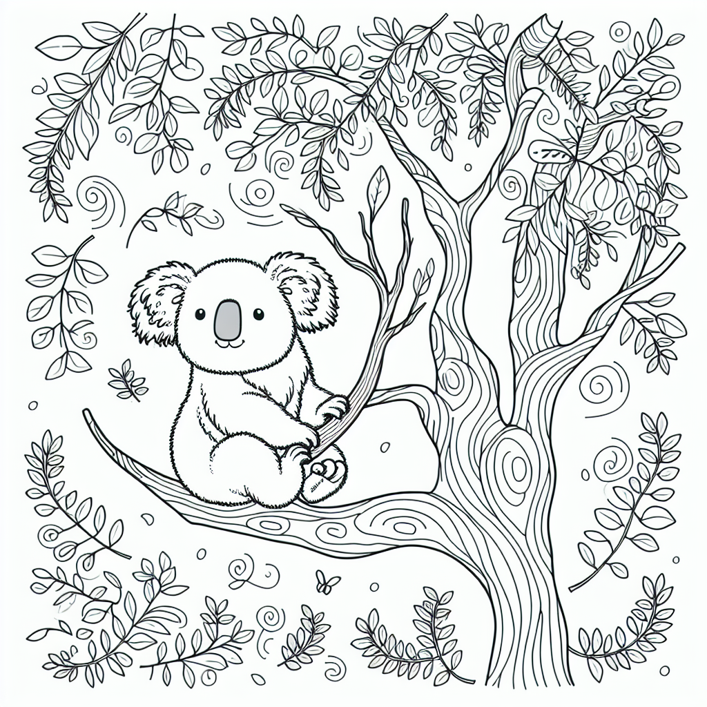 Black and white coloring page of a koala sitting on a tree branch surrounded by eucalyptus leaves