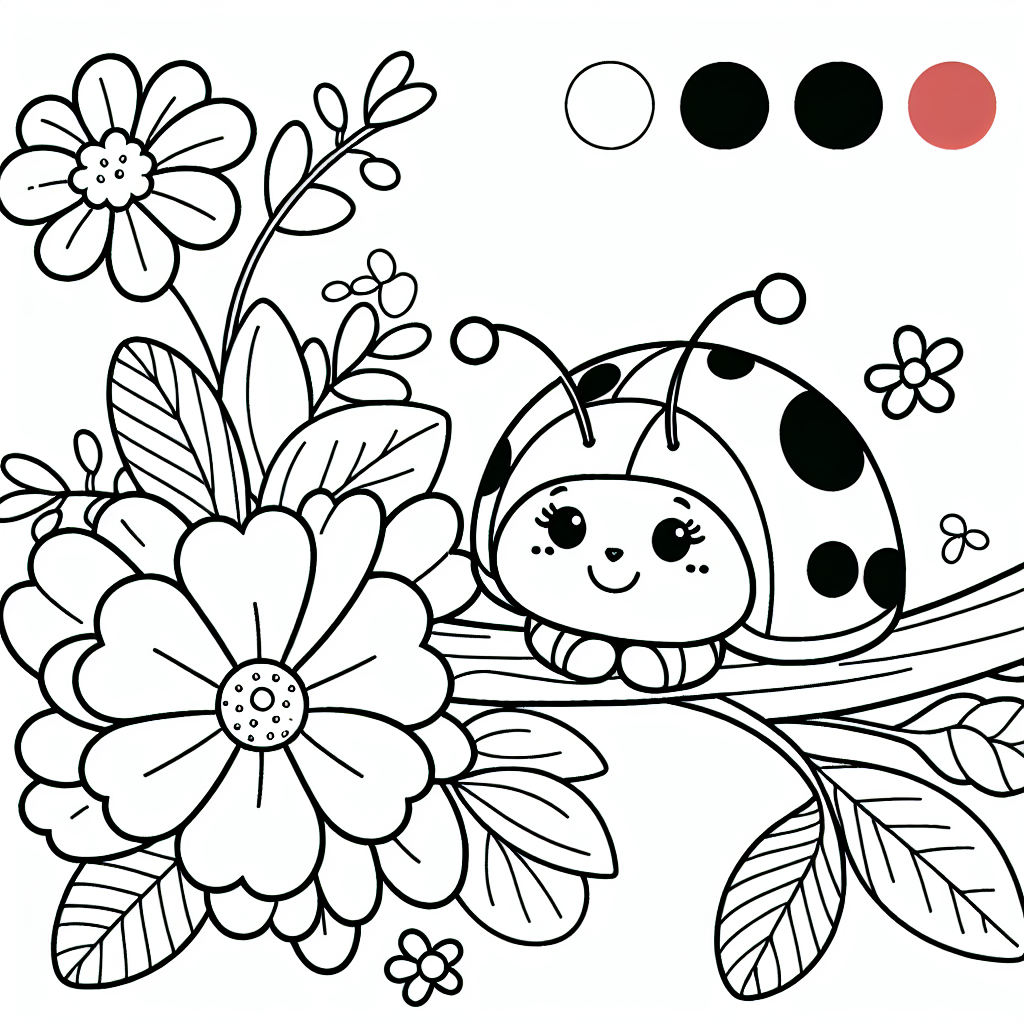 Ladybug waiting on blooming flower branch coloring page