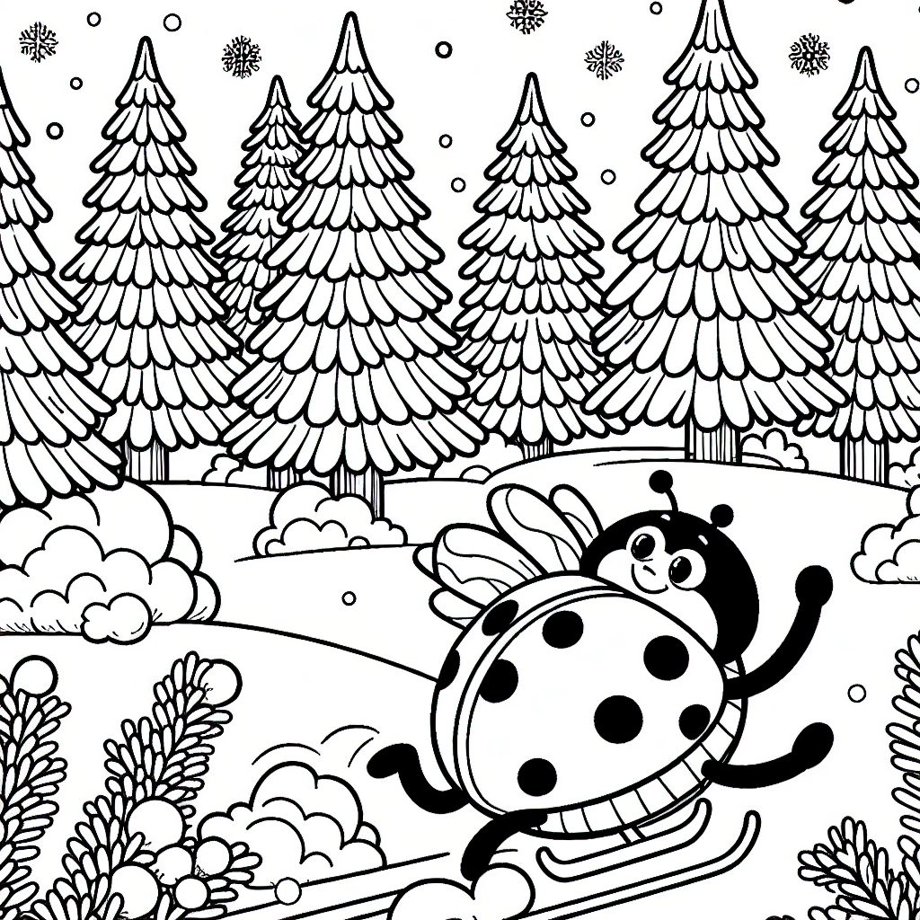 Lineart of a ladybug in a Christmas themed snowy landscape
