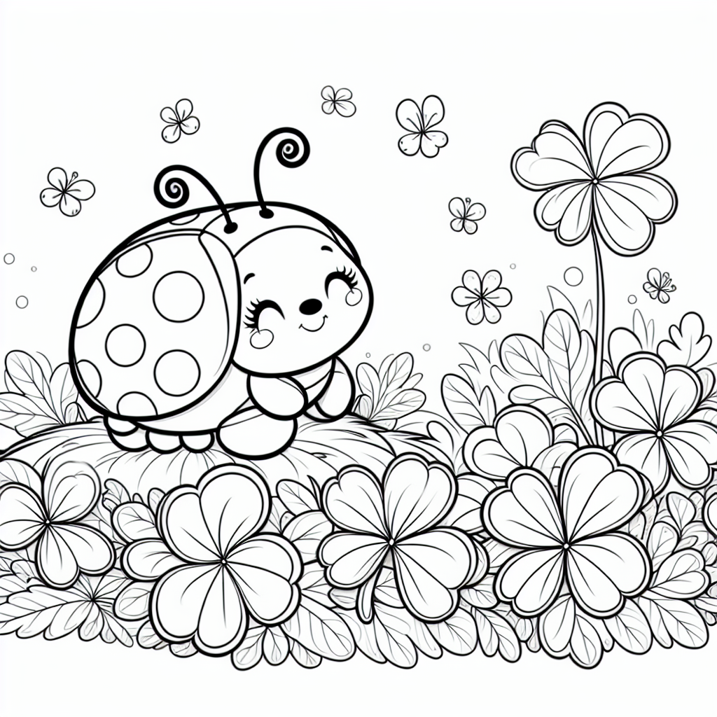 Black and white coloring page featuring a ladybug on clovers