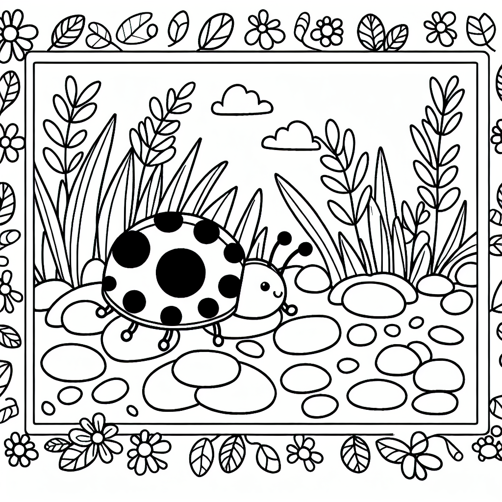 Black and white coloring page of a Ladybug on pebbles in a garden