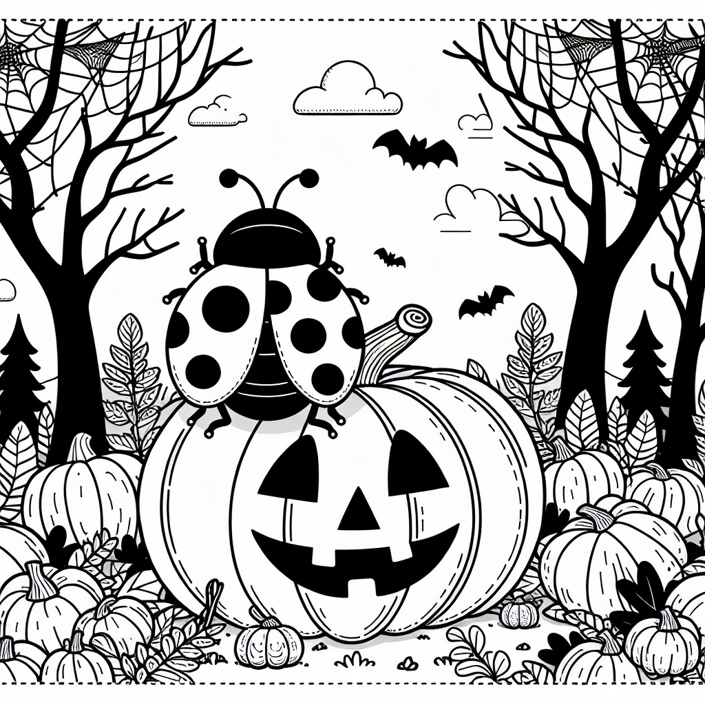 Black and white coloring page of a ladybug on a Jack-o'-lantern in a Halloween forest