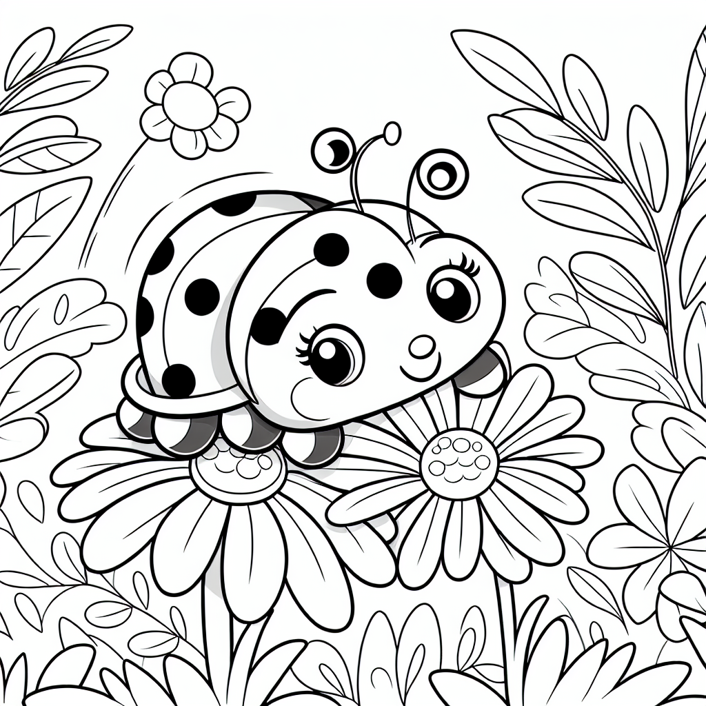 Ladybug on a flower - Black and white coloring template