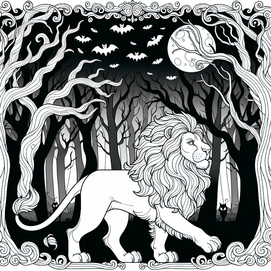 Black and white image of a majestic Lion in a spooky Halloween forest to color