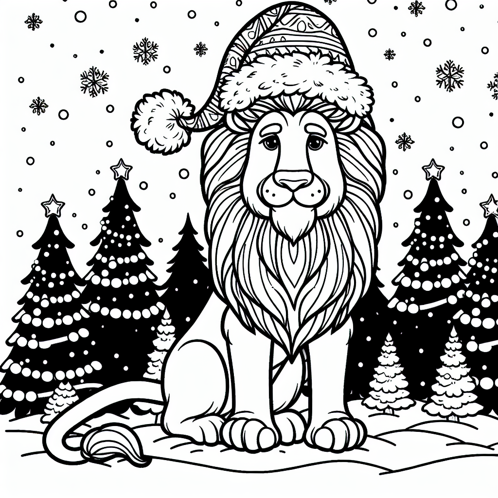 Christmas-themed Lion coloring page with Winter backdrop