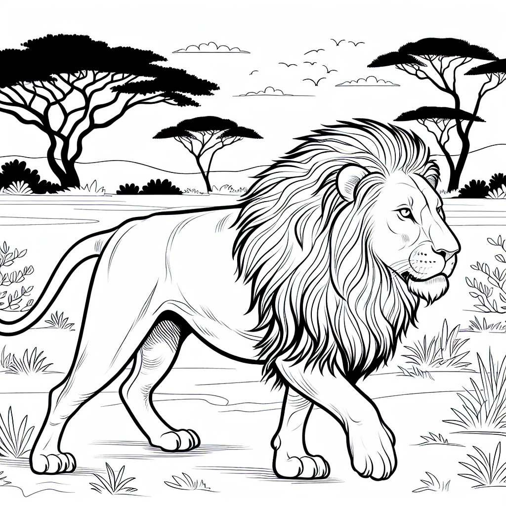 Black and white outline of a lion prowling in the African Savannah for coloring