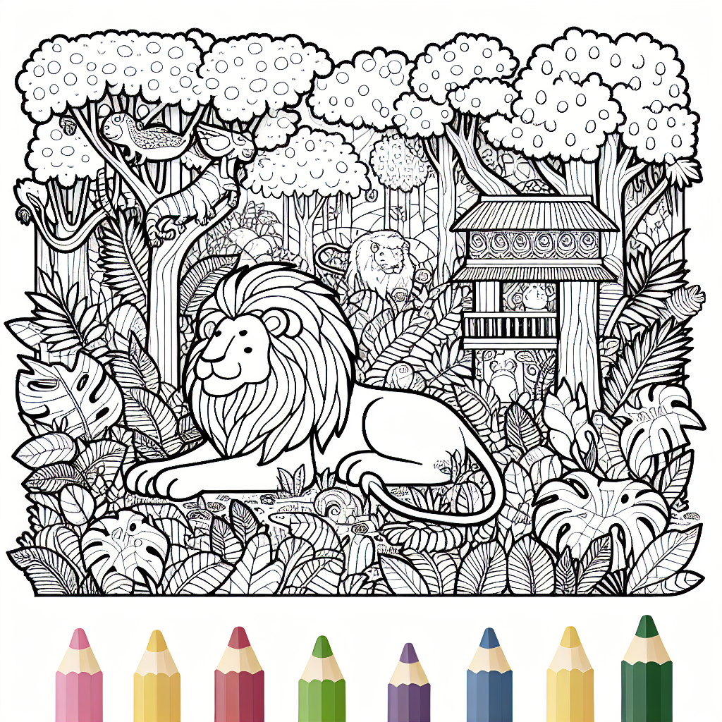 Lion coloring page located in a dense jungle waiting to be colored