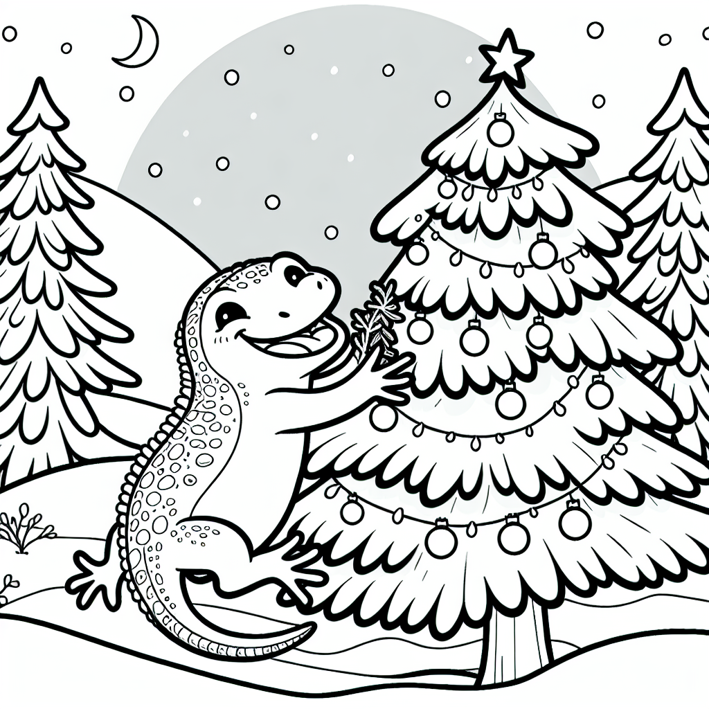 A black and white coloring page of a lizard decorating a Christmas tree in a snowy landscape