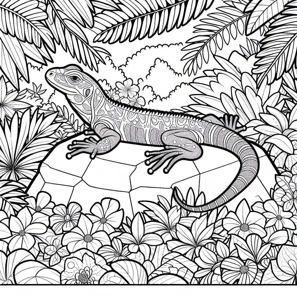 Black and white image of a lizard sunbathing on a rock, surrounded by tropical leaves and flowers. Ready for coloring.