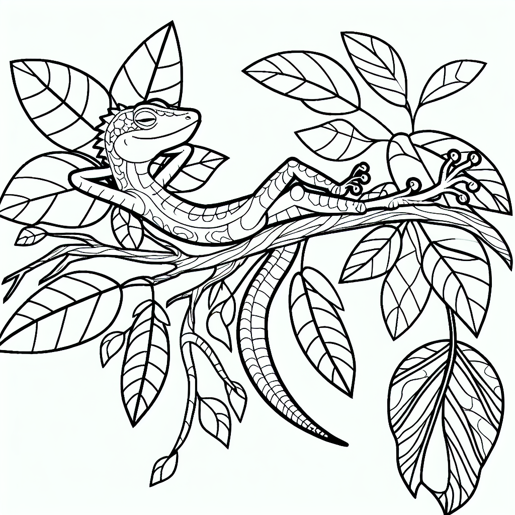 Black and white coloring page of a Lizard on a leafy tree branch