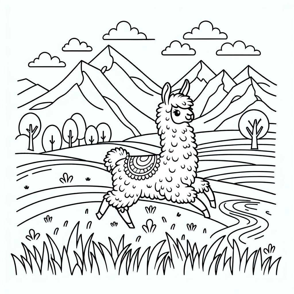 A Llama coloring page template featuring Llama in a scenic meadow
