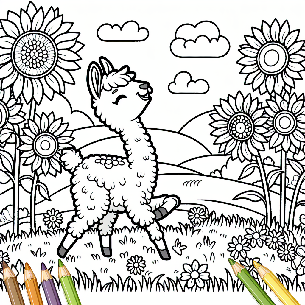 Black and white coloring page of a Llama in a sunflower meadow