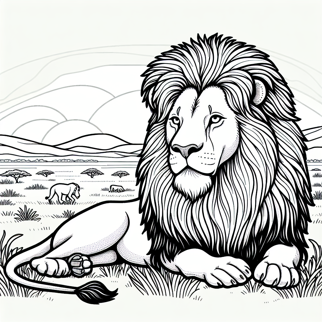Black and white coloring page of a lion on a savannah