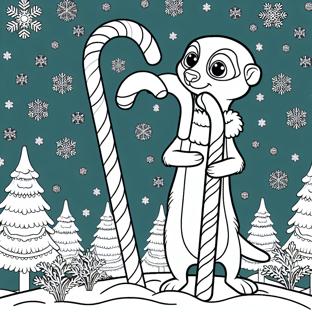 Meerkat in a candy cane forest during winter coloring page