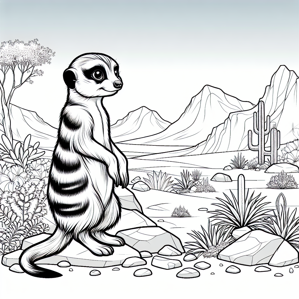 Meerkat standing guard in a desert landscape coloring page