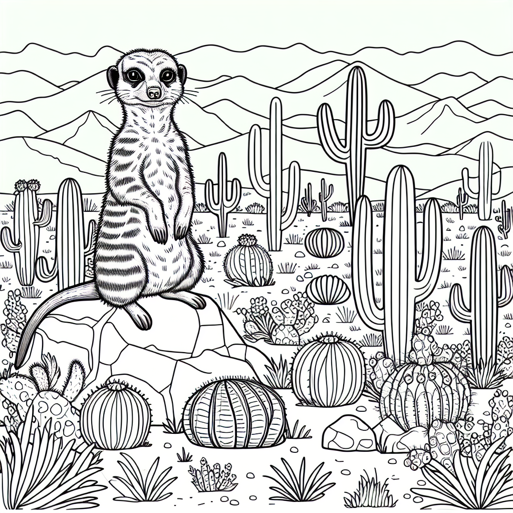 Black and white coloring page of a Meerkat in the desert