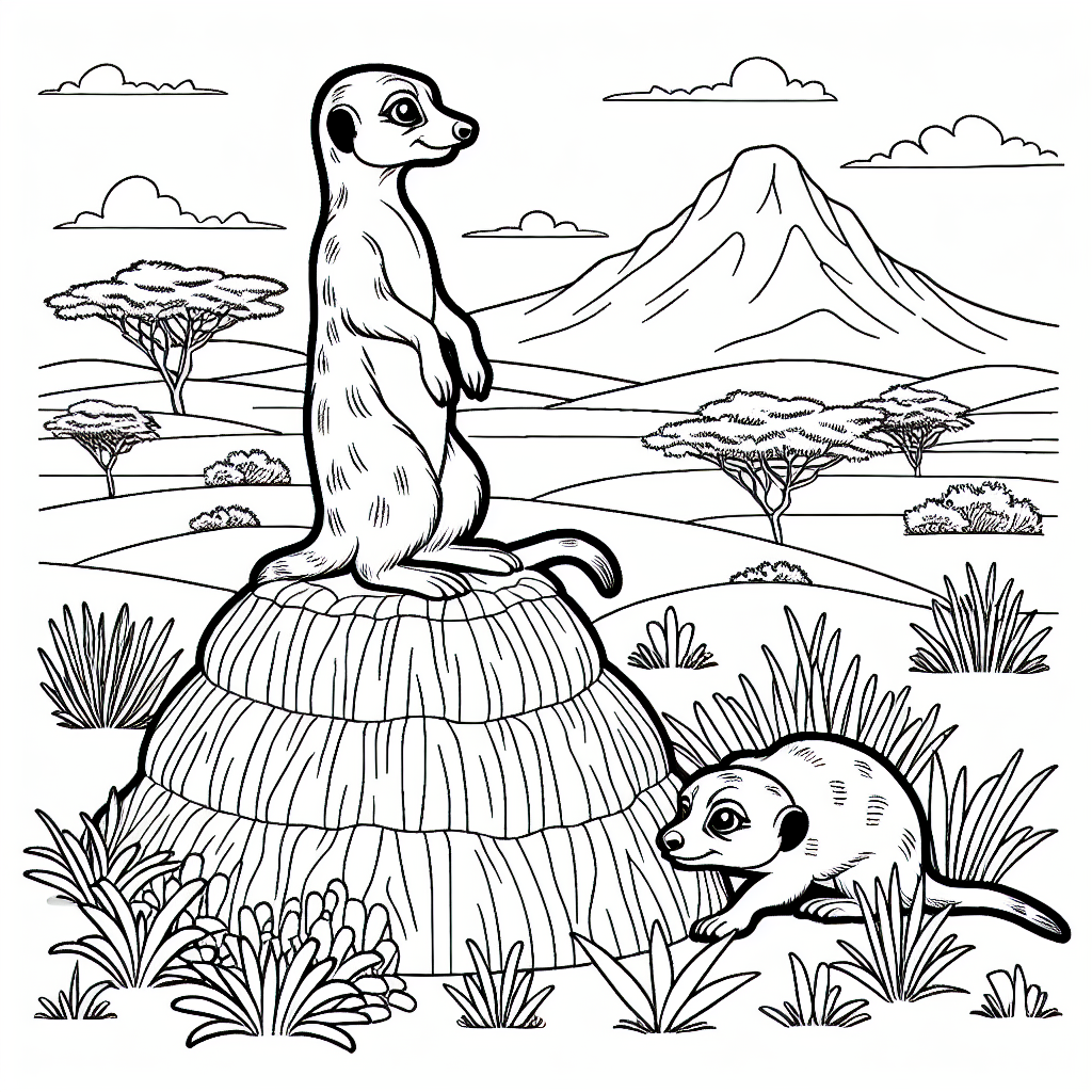 Black and white coloring page of a meerkat on a termite mound in the savannah