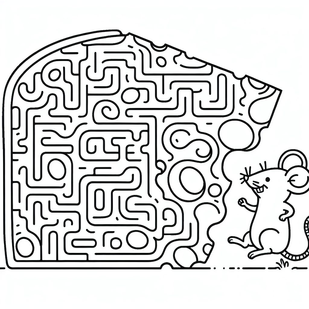Black and white coloring page of a mouse exploring cheese in a maze