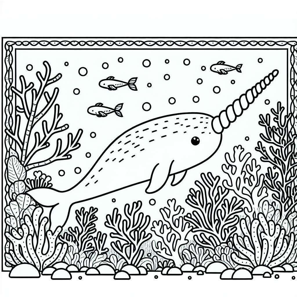 Line art illustration of a nardwhal swimming among a coral reef for children's coloring page